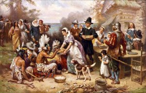 "The First Thanksgiving" by Jean Louis Gerome Ferris (1915) Courtesy of http://www.joyfulheart.com/thanksgiving/pilgrim_artwork.htm
